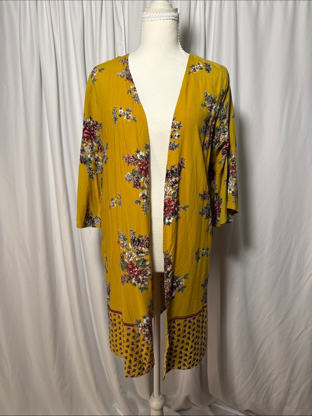 Angie Mustard Floral Open-Front Kimono
